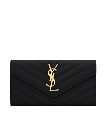 Saint Laurent Monogram Large Flap Wallet In Grain De Poudre Embossed Leather Black