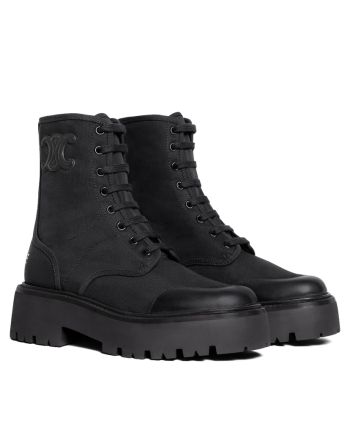 Celine Women's Bulky Laced Up Boot In Nylon And Shiny Bull Black