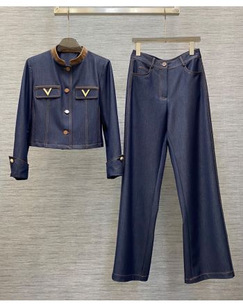 Valentino Women's Denim Jacket And Denim Pants Set Dark Blue