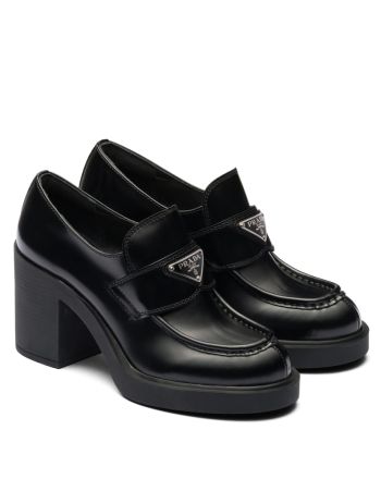 Prada Women's Chocolate High-heeled Brushed Leather Loafers Black